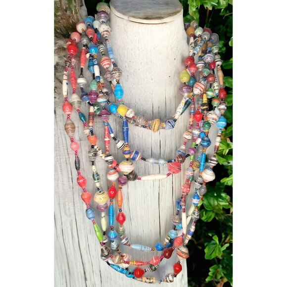 64" African Rolled Recycle Paper Bead Necklace Multicolor Uganda Handmade BoHo - Picture 2 of 4